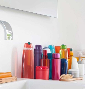 colorful bottles on bathroom counter